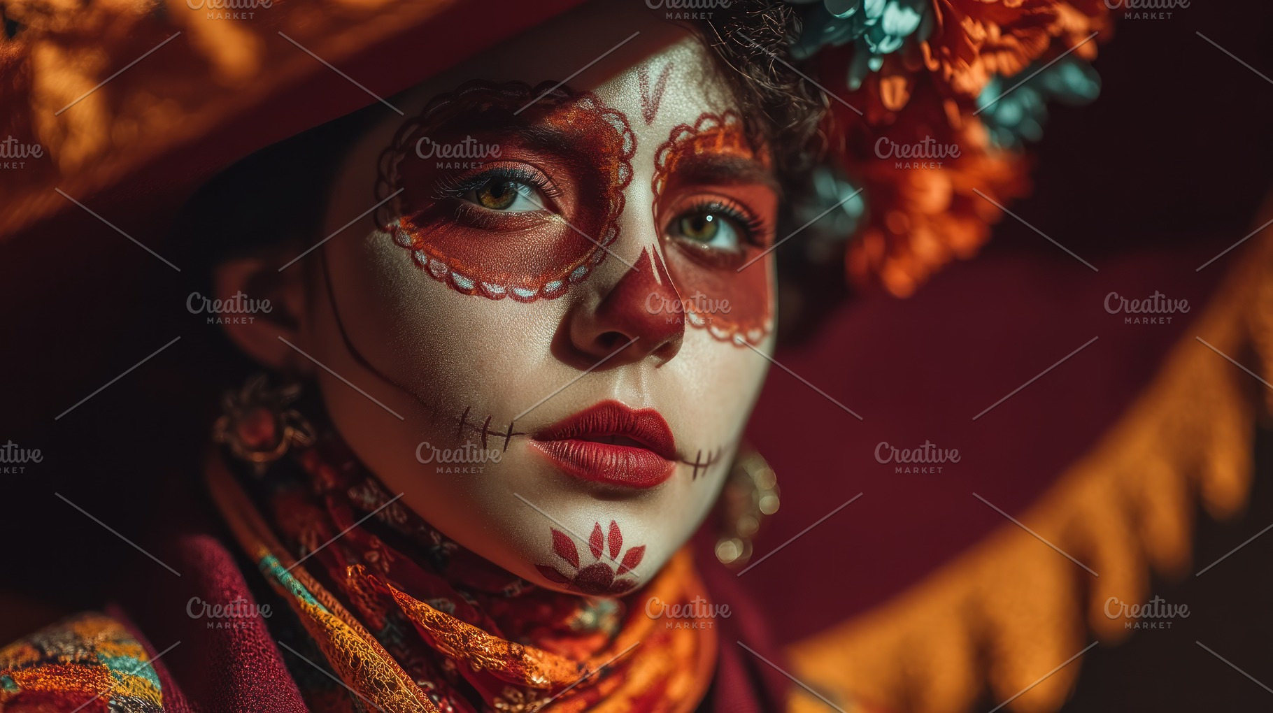 Portrait of a woman with Day of the Dead face paint wearing a co, a Person Photo by José Manuel Gelpi