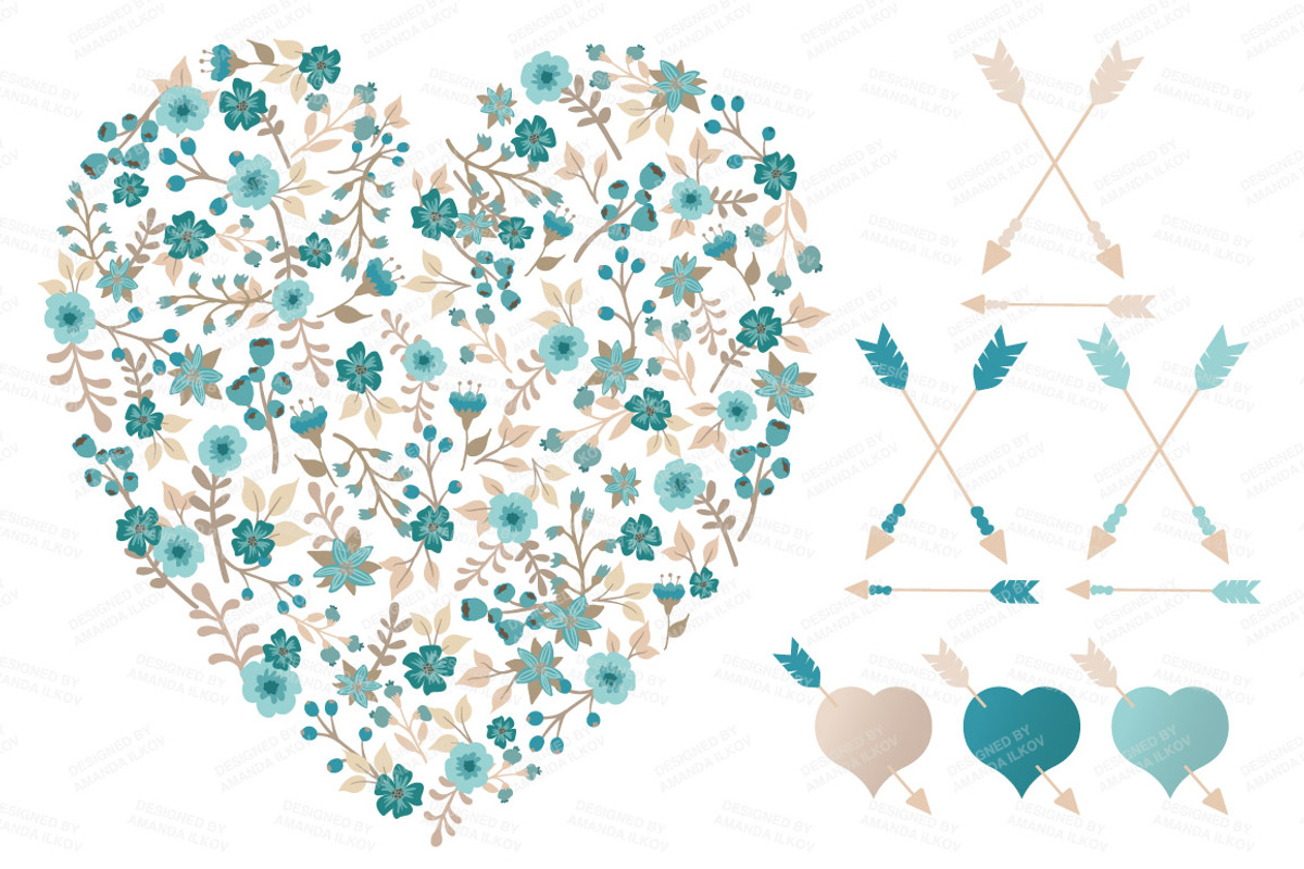 Vintage Blue Floral Heart & Banners, an Illustration by Amanda Ilkov (Photo 3 of 4)