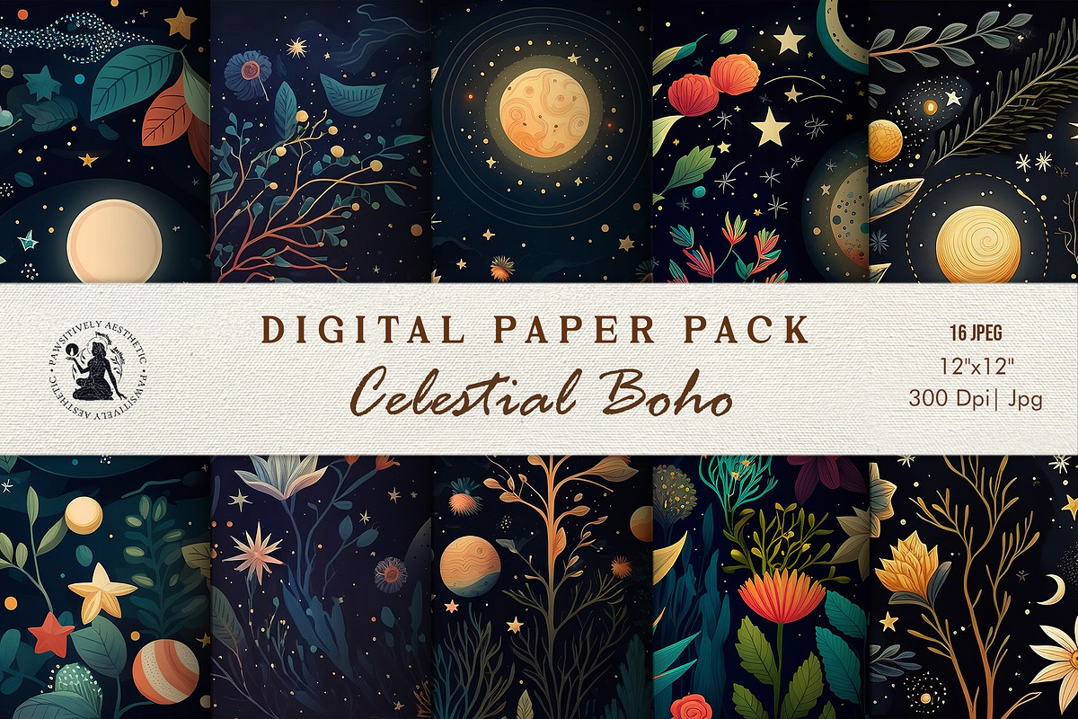 Celestial Boho Digital Paper, a Background Graphic by Pawsitively Aesthetic (Photo 1 of 4)
