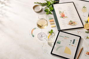 Wine and tablet with menu on sunny t, a Photo by Dvoevnore photos