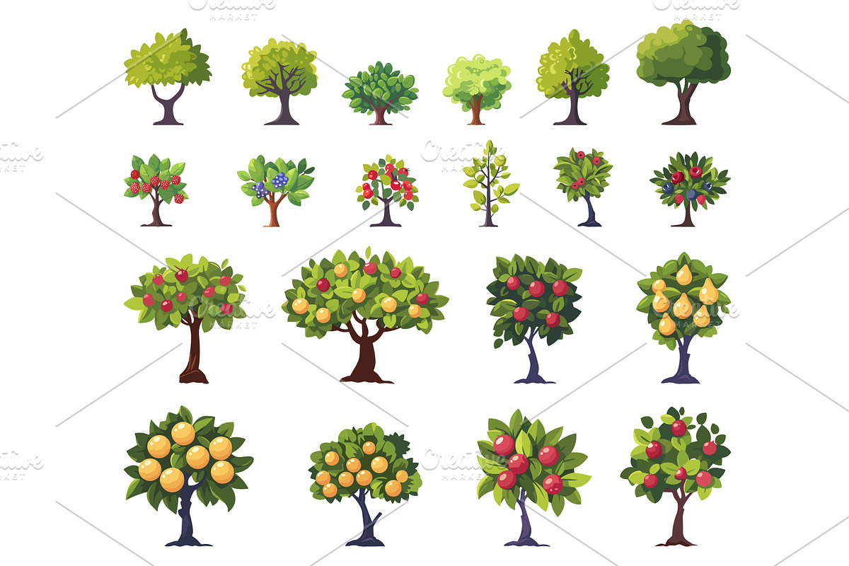 Fruit trees set. Bushes with berries, an Object Illustration by Valerie Bodnar