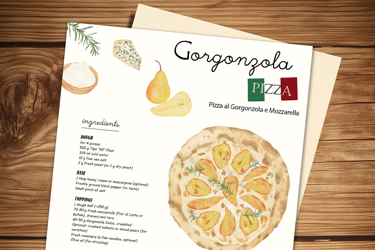Italian Pizza Watercolor Recipe Set, a Food Illustration by Sunshine Art (Photo 2 of 13)