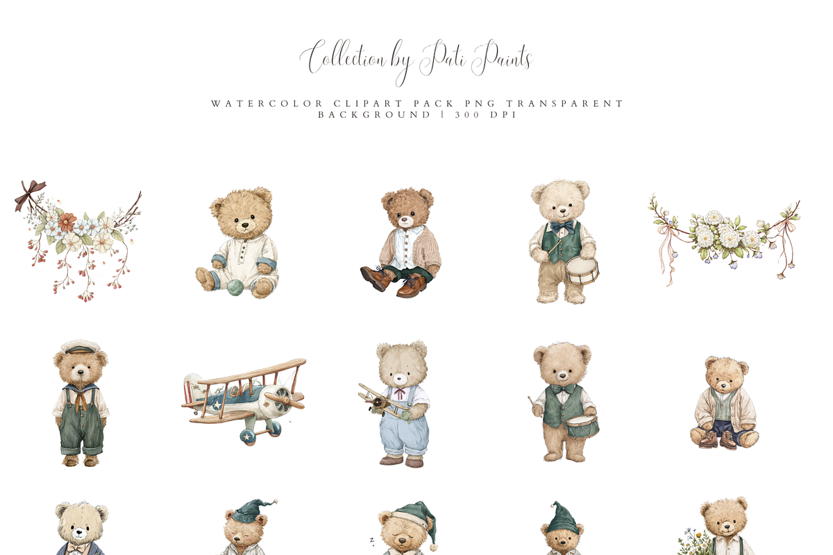 Vintage Teddy Bear Clipart Set, a Decorative Illustration by Pati Paints (Photo 2 of 11)