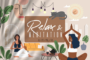 Relax & meditation. Vector woman set