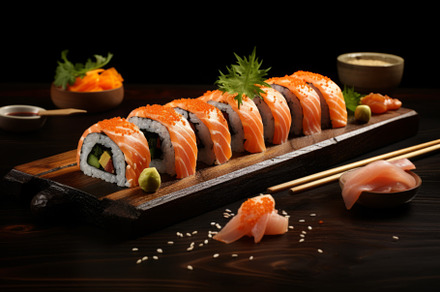 sushi on wooden board on dark background, a Food & Drink Photo by Natalia Klenova's Shop