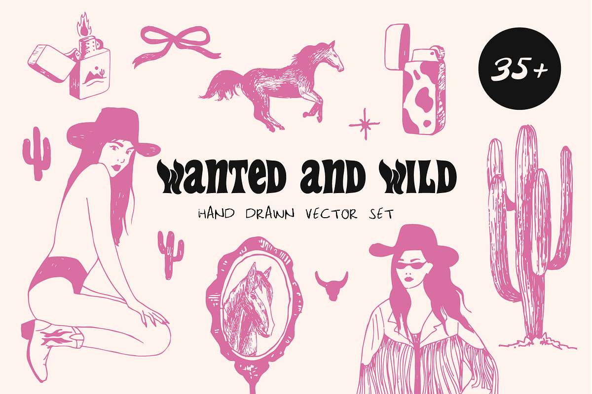 Wanted and Wild cowgirl vector set, a Decorative Illustration by yabluko_draws (Photo 1 of 6)