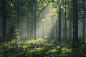 Sunbeams in a Misty Green Forest Tal, a Photo by Pixeness Studio