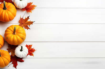 Orange pumpkins with dry leaves on white wooden background, a Photo by AlyaAnd