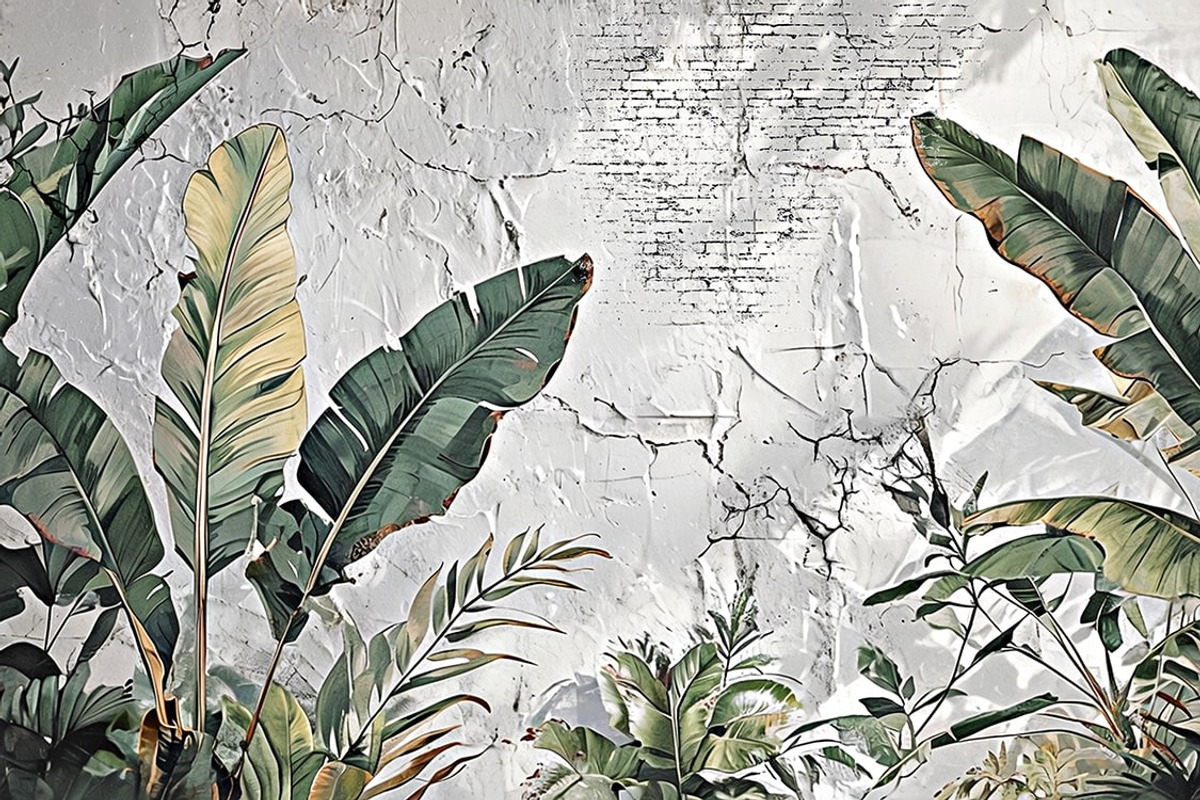Tropical Leaves on Brick Wall, an Illustration by Liubovi Samoilova SHOP