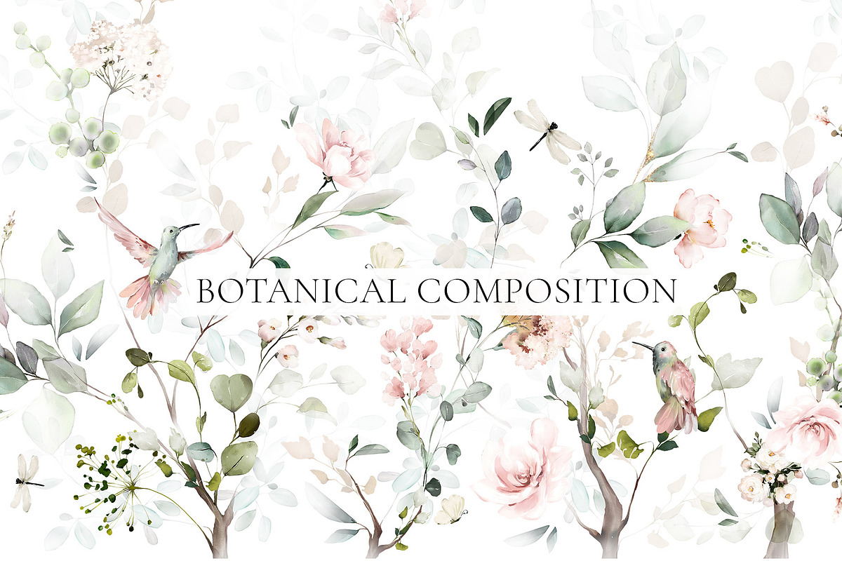 Pink watercolor flowers & herbs, an Illustration by Lisima (Photo 3 of 11)