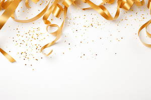 Golden confetti and ribbons on white, a Photo by Iftikhar Alam