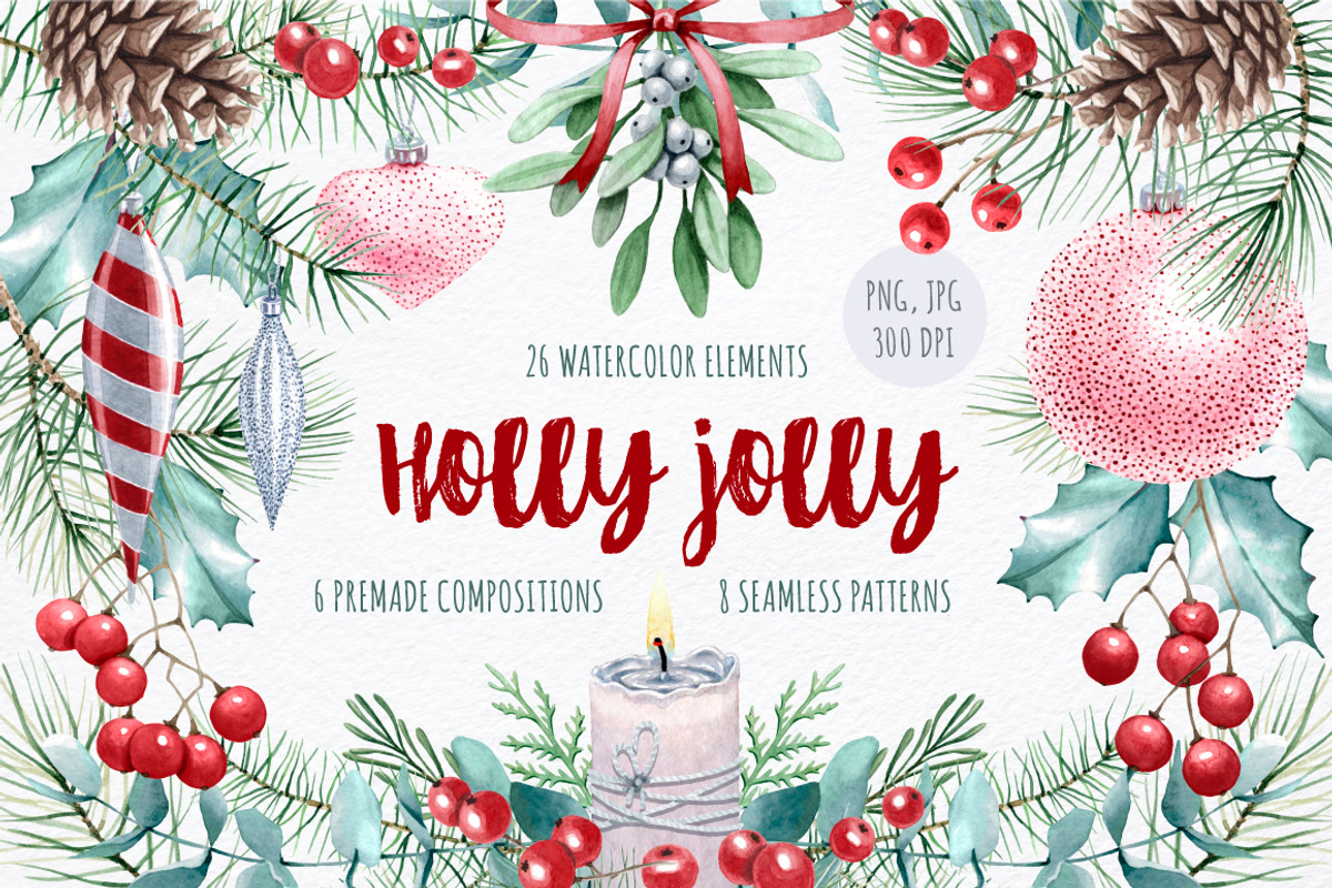 Holly Jolly Christmas watercolor set, a Decorative Illustration by MariArtySpace (Photo 1 of 7)