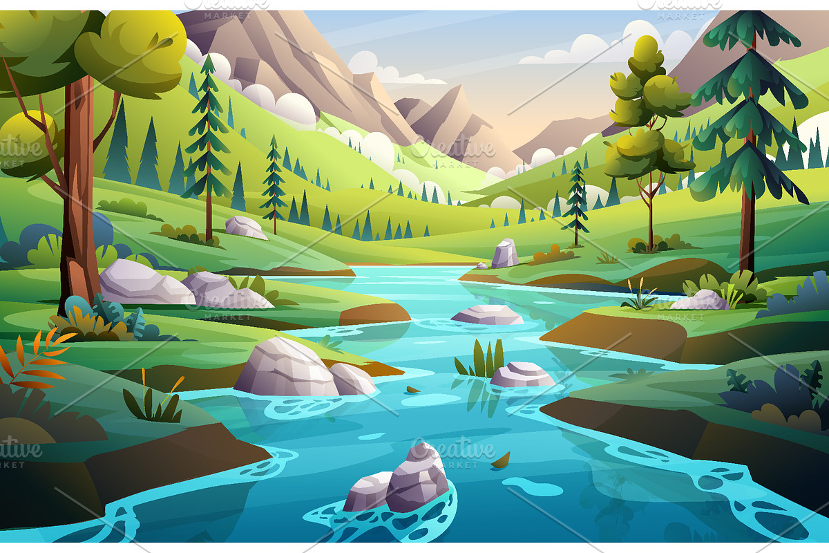 Nature River and Waterfall Landscape, an Illustration by YG Studio (Photo 2 of 6)
