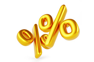 3d Flying Gold Percent Sign On White