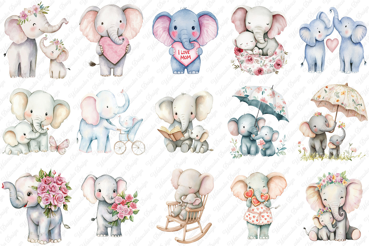 Mother's Day Elephant Clipart, an Illustration by Watercolor design (Photo 2 of 12)