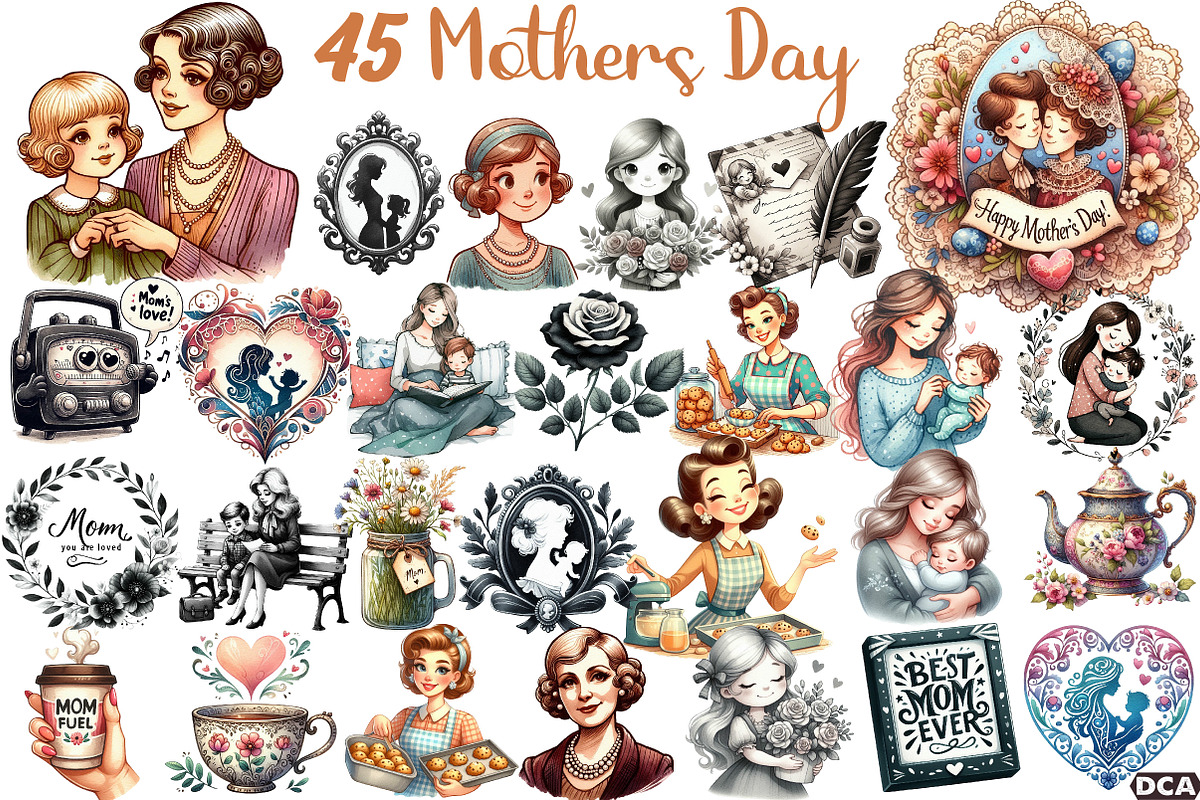 Black and White Mothers Day Clipart, an Illustration by DreamCafeArt (Photo 1 of 6)