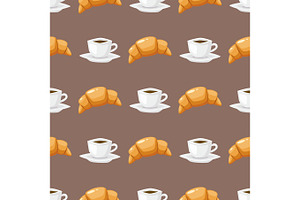 Coffee And Croissant Seamless Pattern Brown Caffeine Breakfast Morning Sweet Drink Vector Illustration