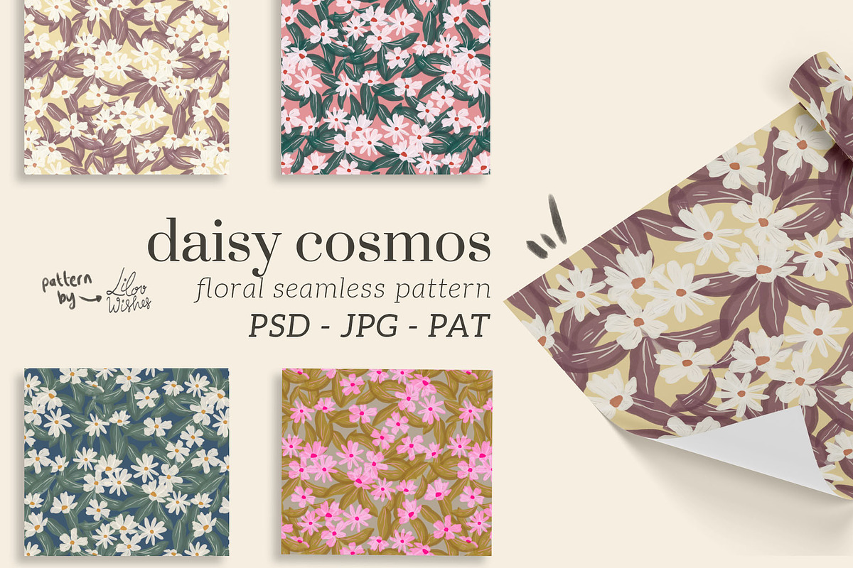Daisy cosmos floral seamless pattern, a Pattern Graphic by lilovwishes (Photo 1 of 3)