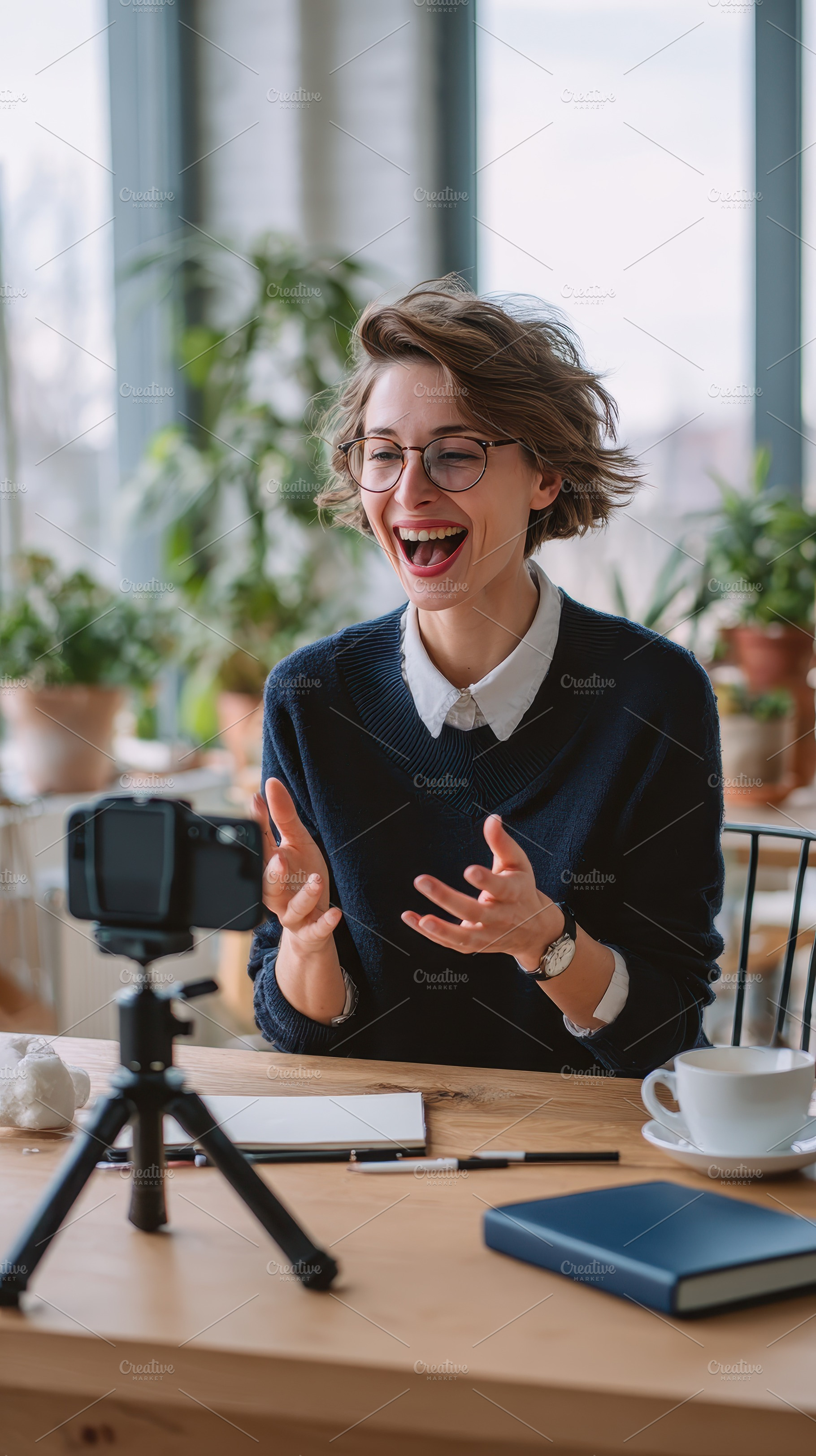 Happy woman vlogging online video re, a Photo by Pixeness Studio
