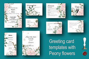 Greeting card templates with Peony, an Invitation Template by Digital illustration shop