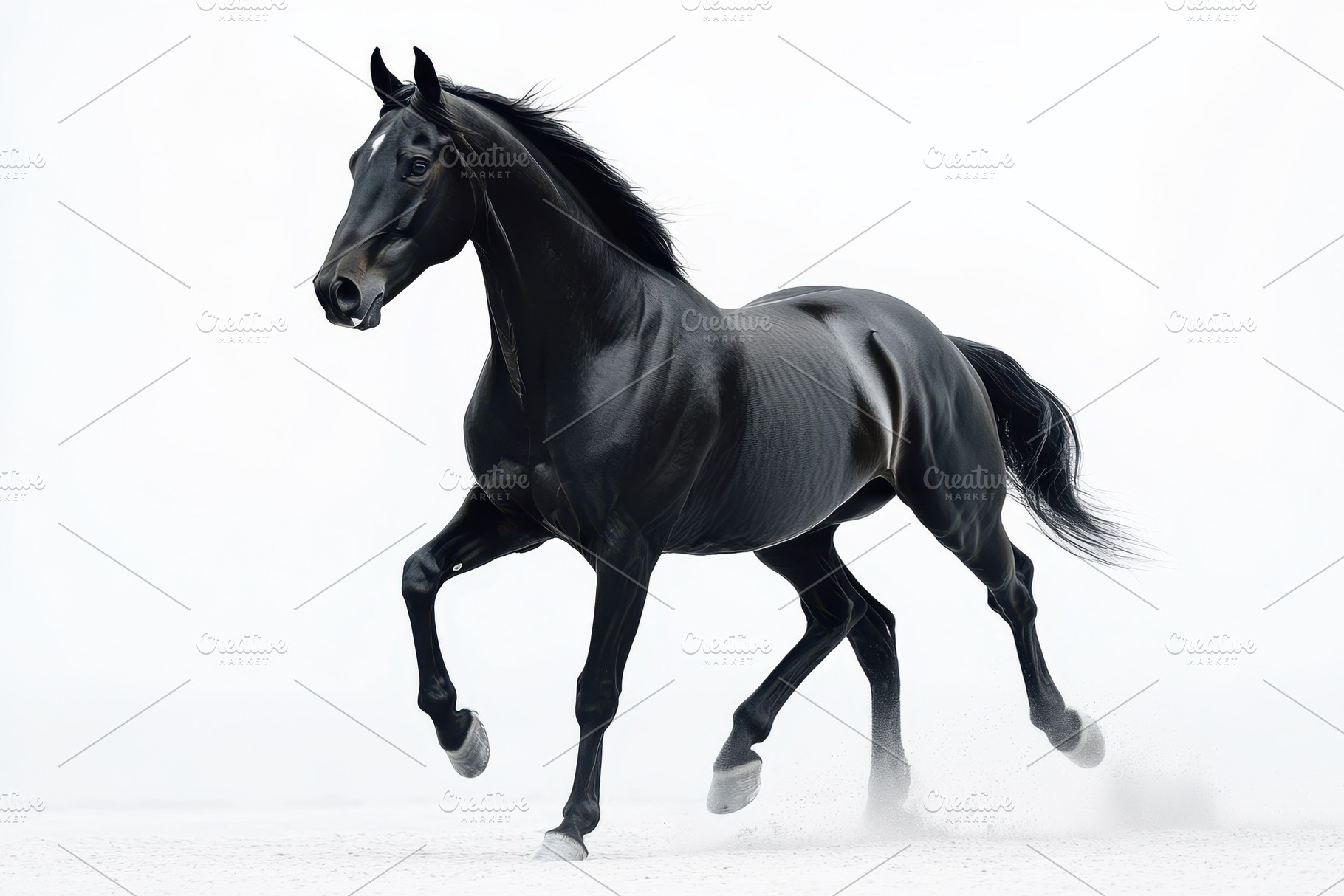 Black horse running fast on white ba, an Animal Photo by Pixeness Studio