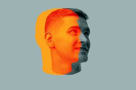 Close-up young man's face, head with colored silhouette, shadow isolated on lig, a Person Photo by Volodymyr Melnyk