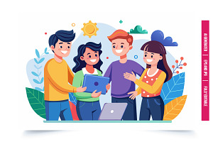 Four friends collaborate on a projec, an Illustration by Tanuart
