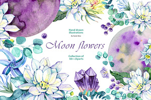 Moon Flowers. Watercolor Clipart Set