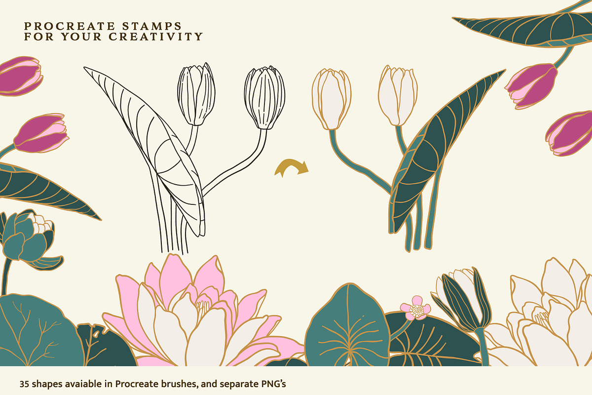 Water Lily Procreate Stamp Brushes, a Brush Add-On by Pink Studio Art