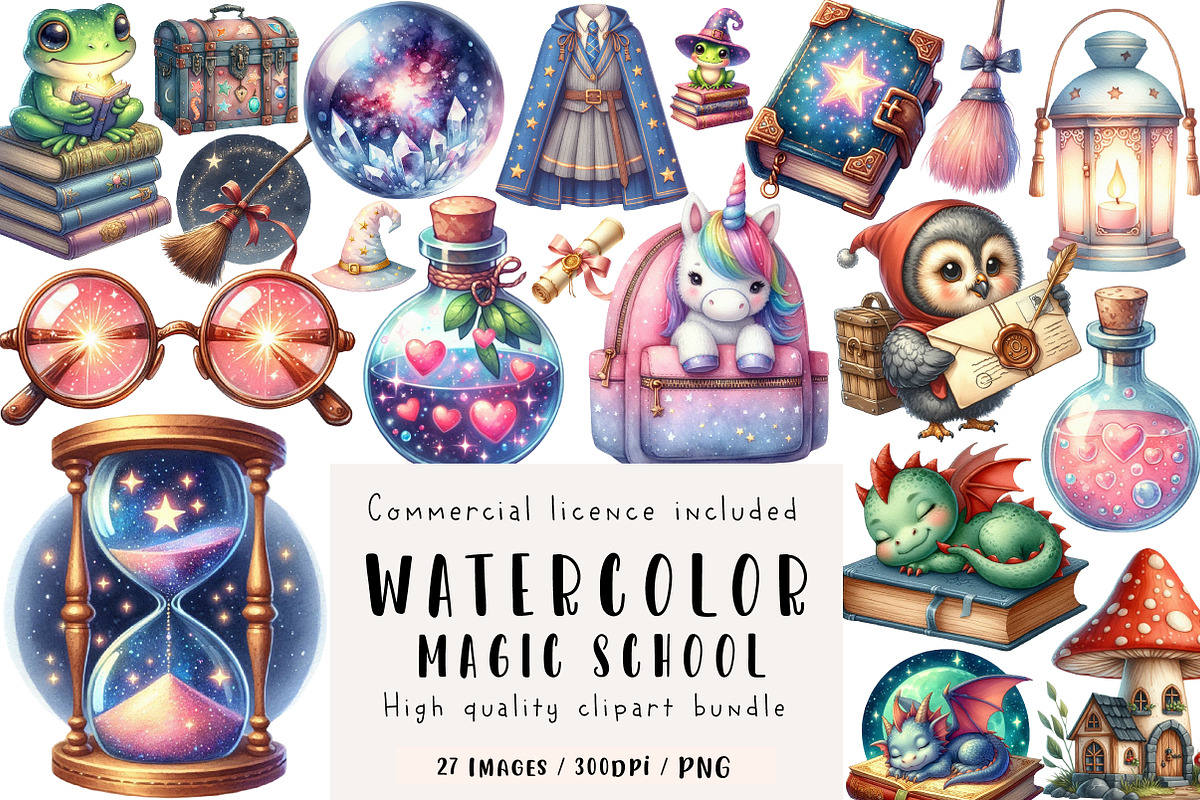 Cute Magic School Watercolor Clipart, an Illustration by CreationArt (Photo 1 of 5)