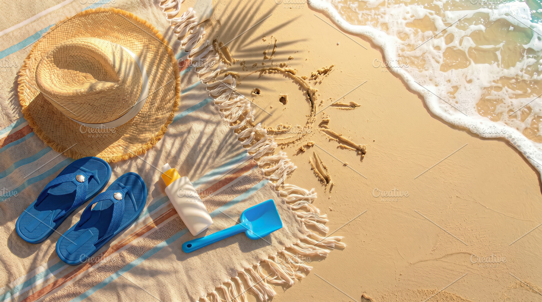 Beach accessories with sun drawing on sand, a Sports & Recreation Photo by Davizro's Market
