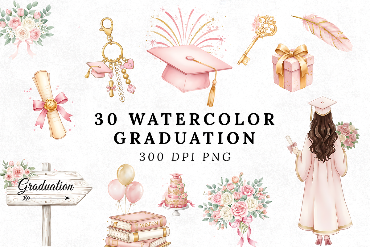 Watercolor Graduation Clipart Bundle, an Illustration by Elegant_Studio44 (Photo 1 of 4)