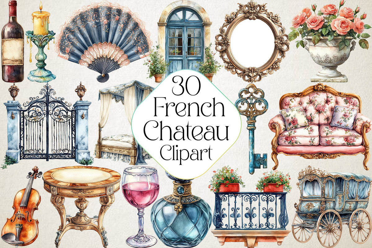 Watercolor Vintage French Chateau Se, an Illustration by DreamPrint404 (Photo 1 of 6)