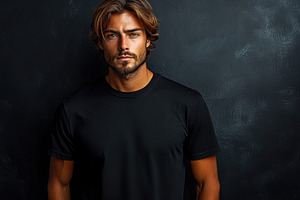 Young man in a black t-shirt poses c, a Photo by Tanuart