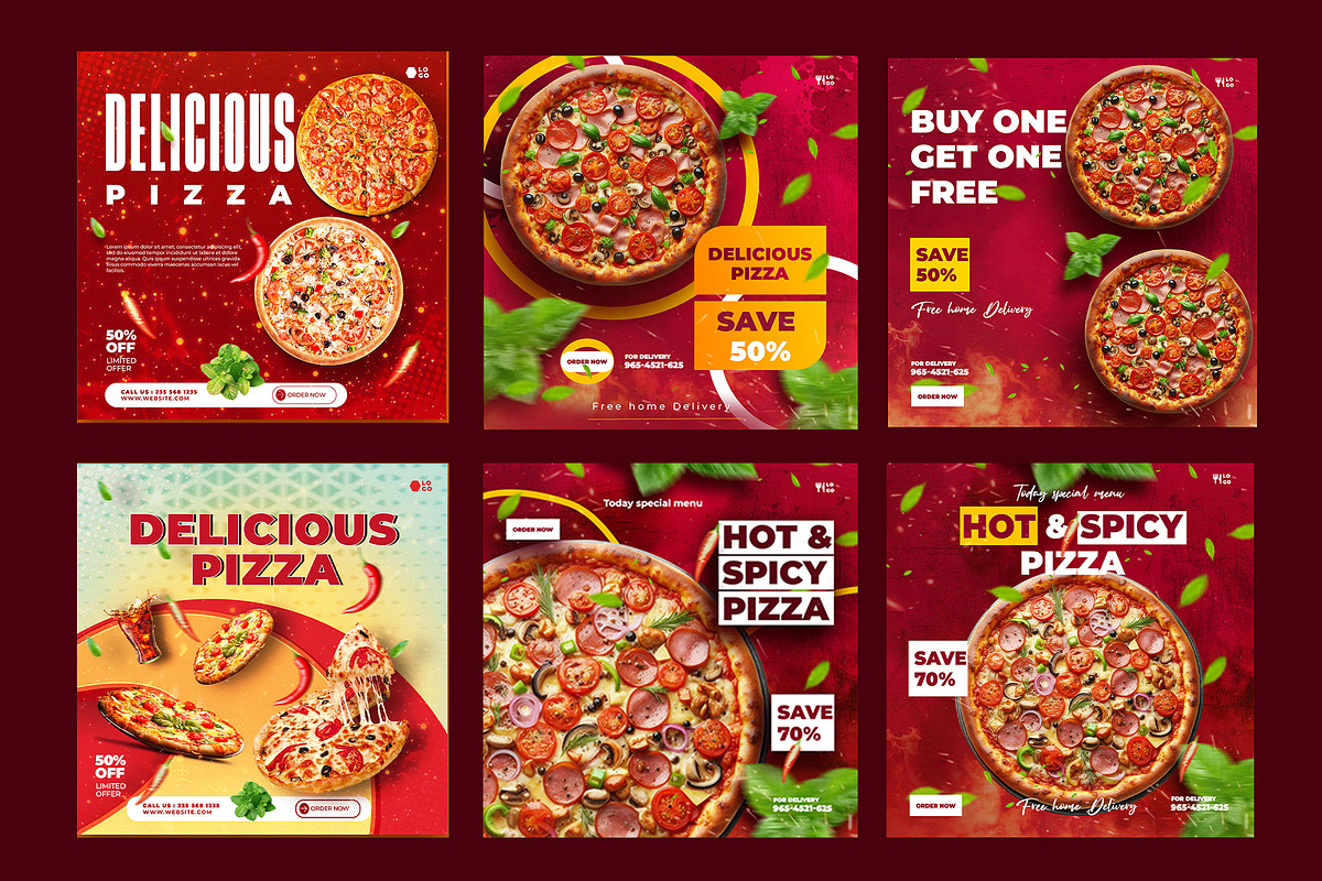 6 pizza social media post designs, a Social Media Template by graphic bakers (Photo 2 of 4)