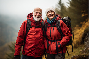 Happy senior couple on autumn hike, a Sports & Recreation Photo by Ylivdesign