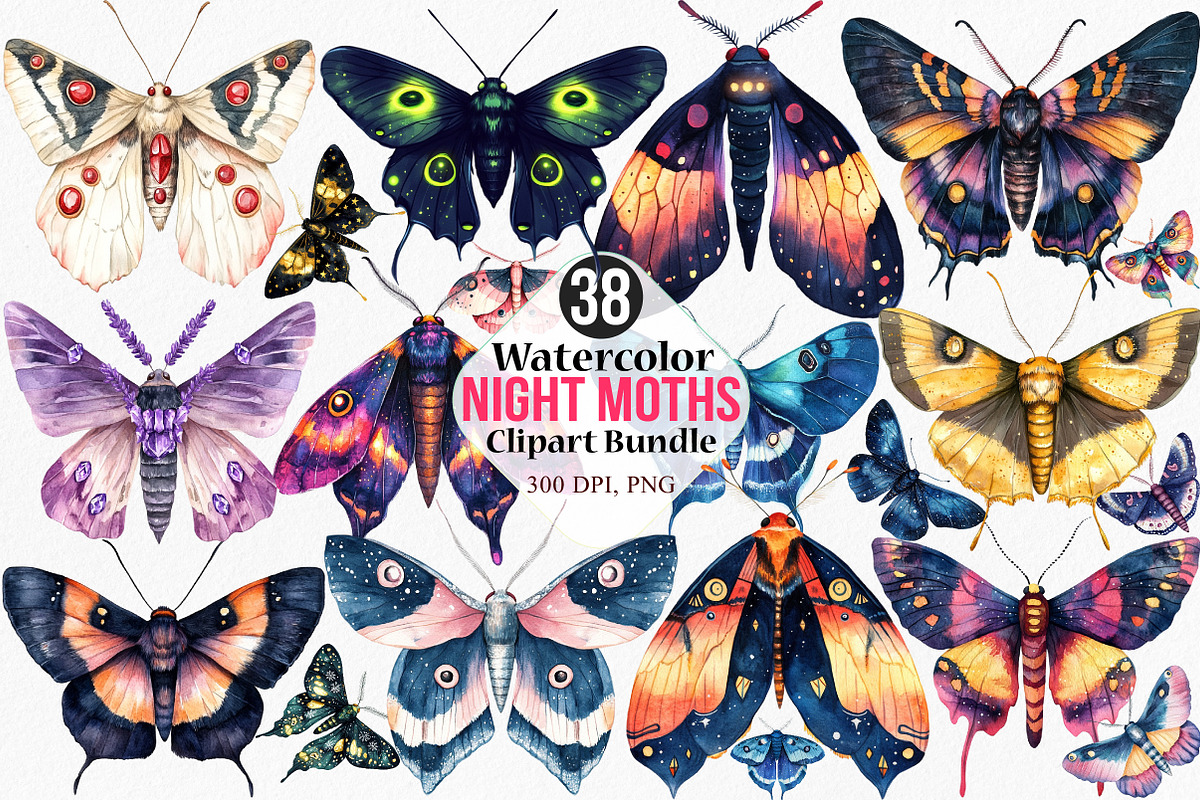 Watercolor Night Moths Clipart, an Illustration by Canvas Craft (Photo 1 of 8)