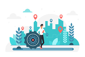 Man using navigation app cityscape, a Technology Illustration by Lemberg Vector