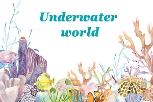 Watercolor set of underwater life