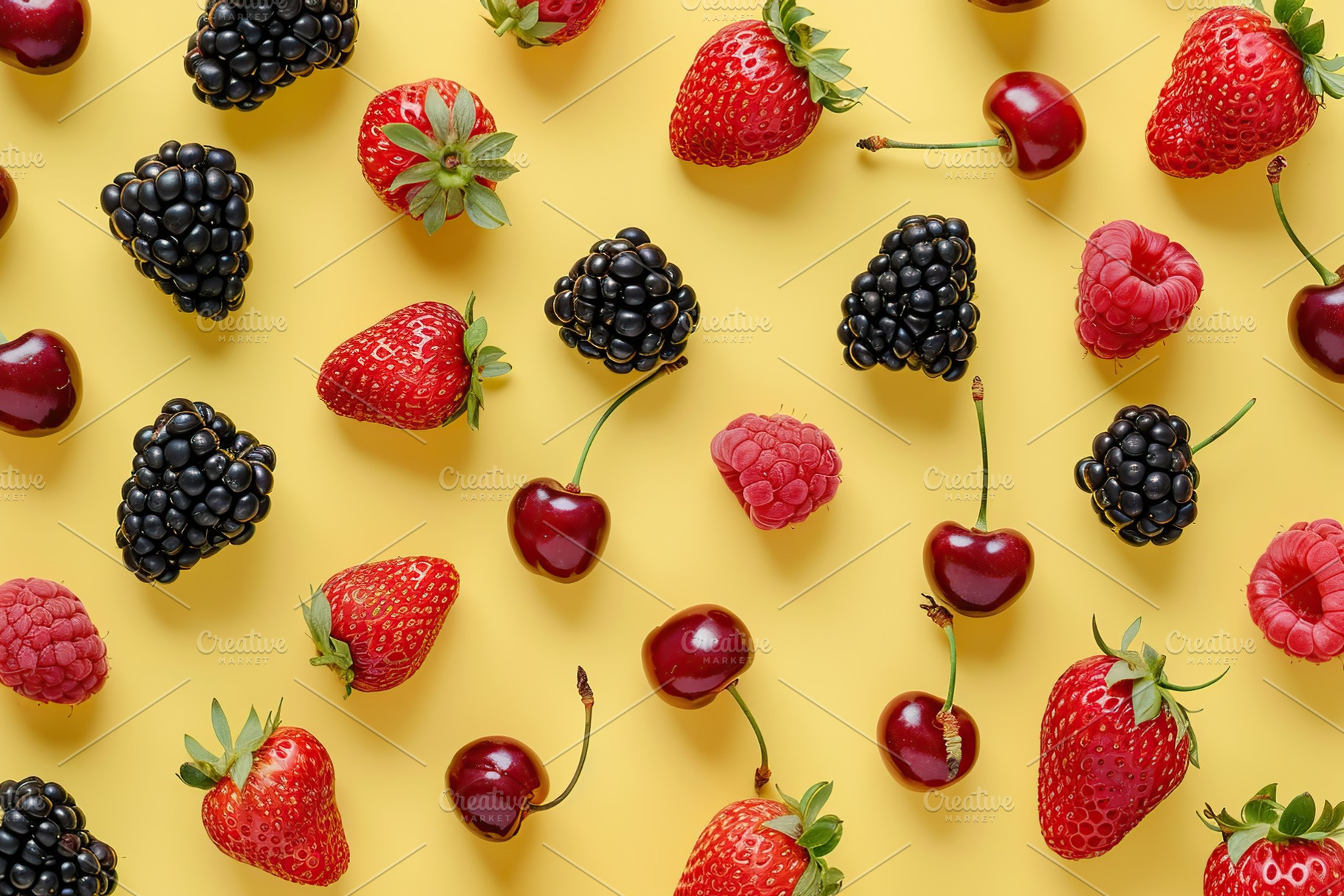 Pattern of ripe different berries on yellow background, a Food & Drink Photo by AlyaAnd