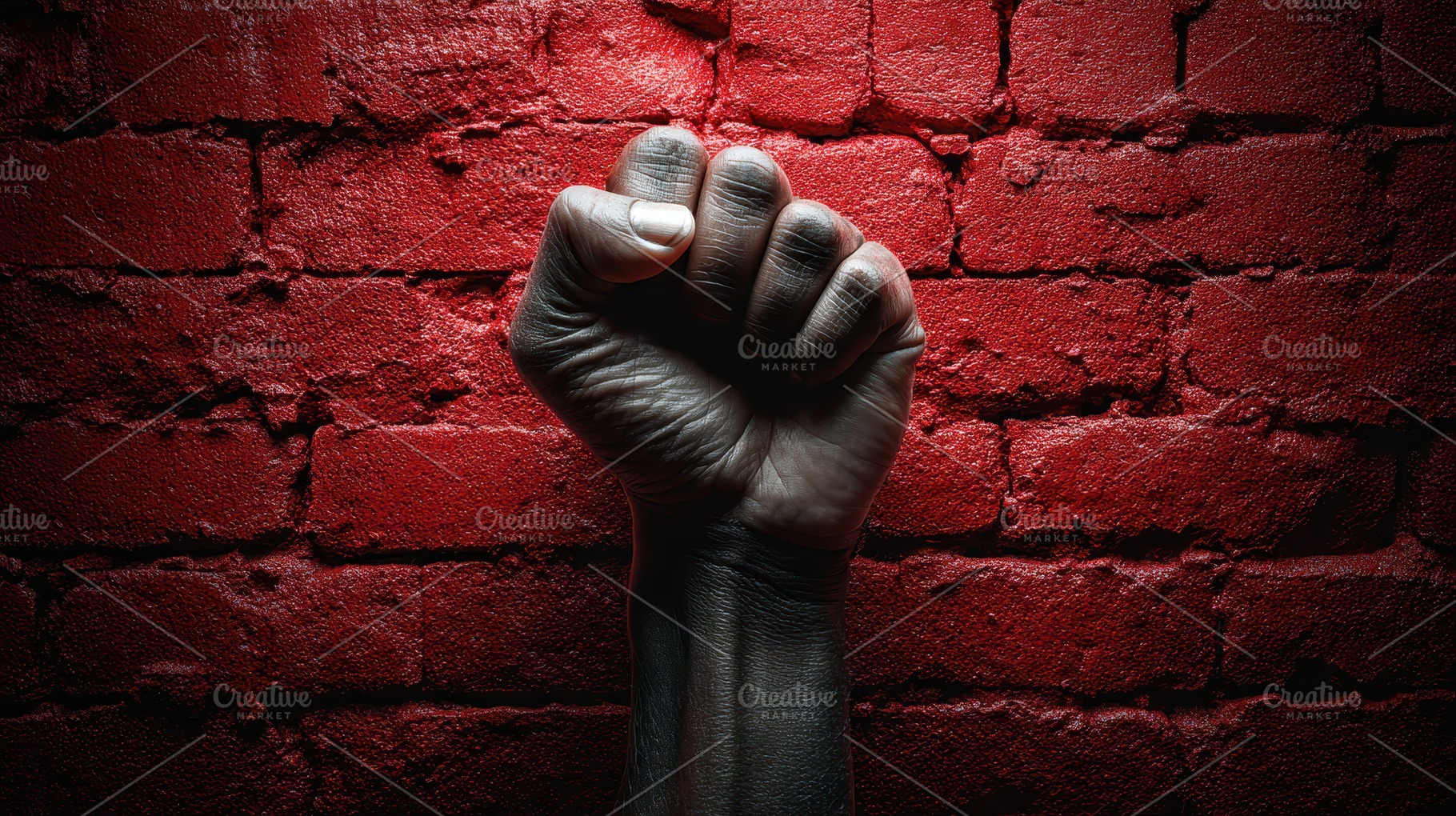 Strong fist raises against a red, a Photo by Pavel_design