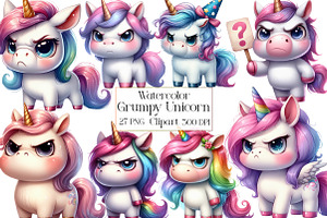 Watercolor Funny Grumpy Unicorn PNG, an Illustration by CraftArtStudio