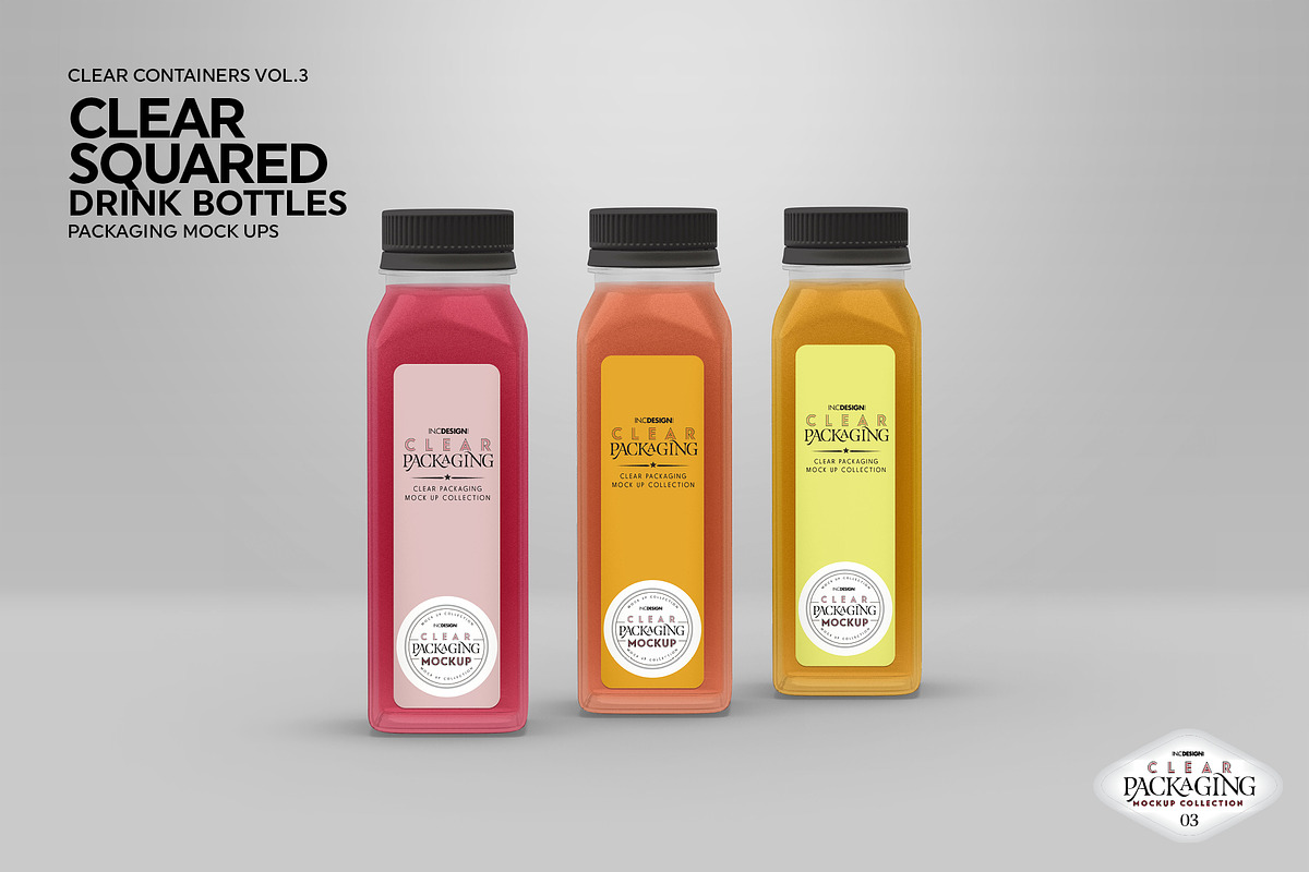 Clear Squared Bottles Mockup, a Packaging Mockup by INCDesign (Photo 5 of 8)