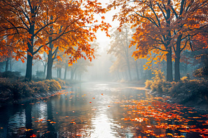 Misty autumn forest with a river, a Photo by rarrarorro