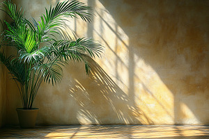 Natural light casts intricate shadows of a plant on a textured wall in a serene, a Nature Photo by AlyaAnd