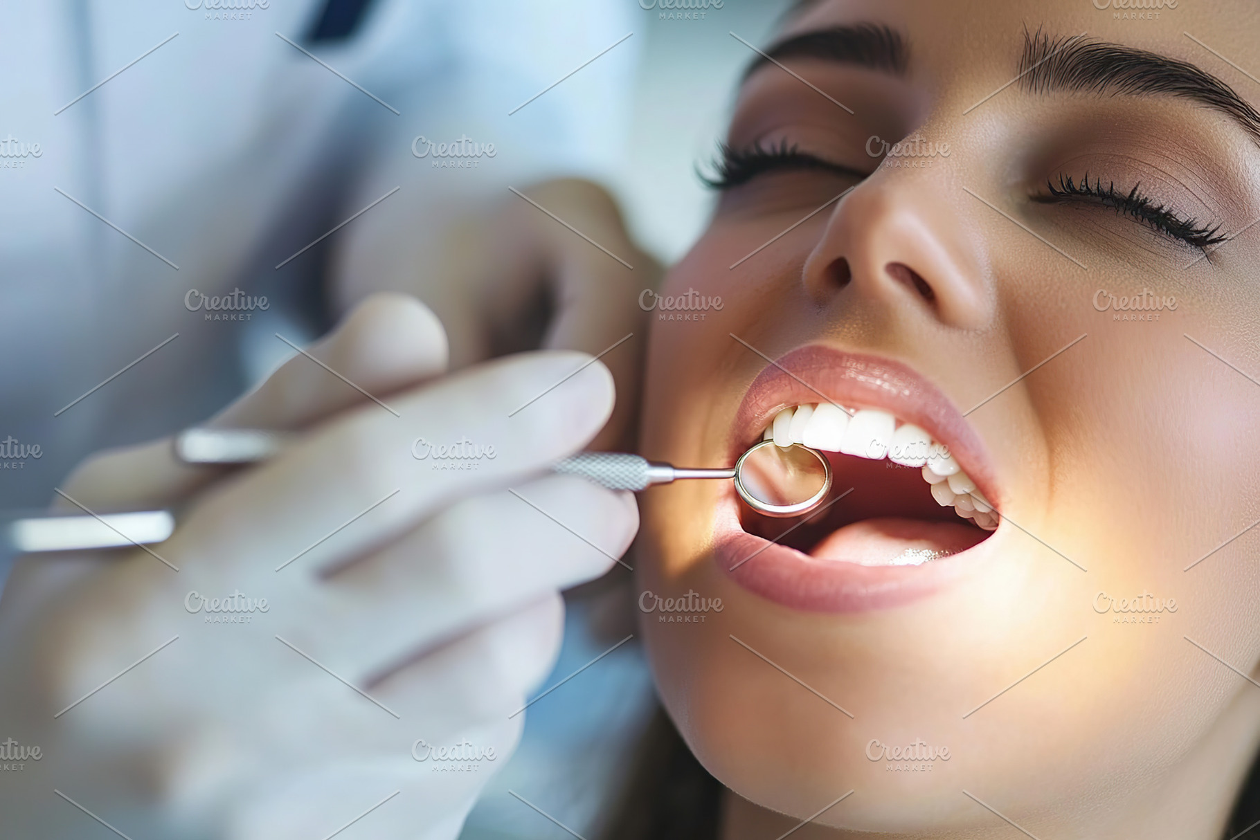 Photo of young woman sitting in a dental chair and male dentist, a Health & Medical Photo by AlyaAnd