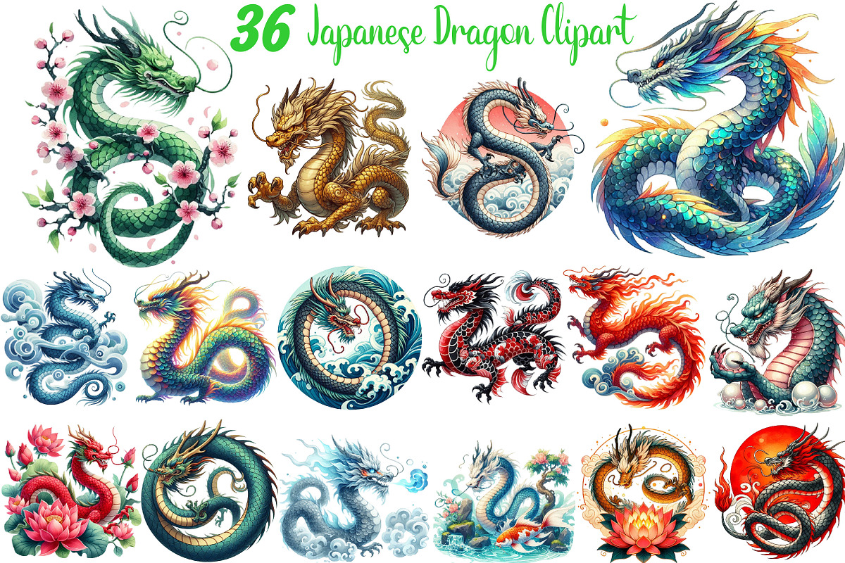 Watercolor Japanese Dragon Clipart, an Illustration by DreamCafeArt (Photo 1 of 7)