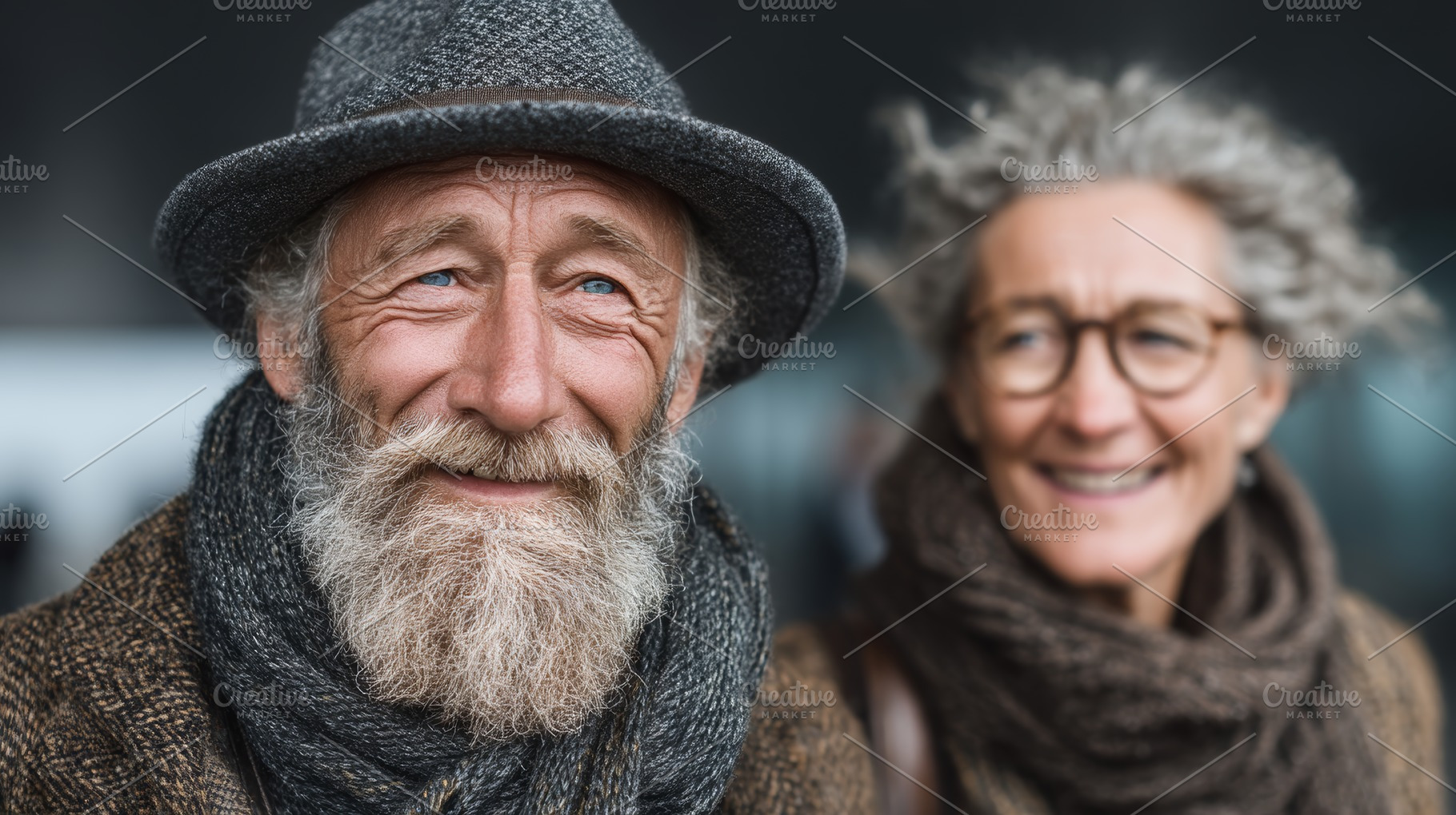 Senior couple smiles outdoors on a travel day wearing scarf and hat, a Photo by AS photostudio