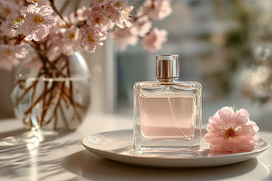 Perfume bottle and pink flowers deli, a Photo by Pixeness Studio
