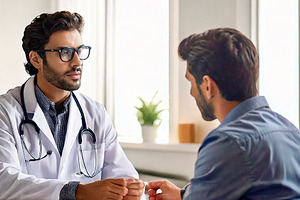 Doctor talking to a seated patient in a bright clinical office i, a Health & Medical Photo by DanFLCreativo